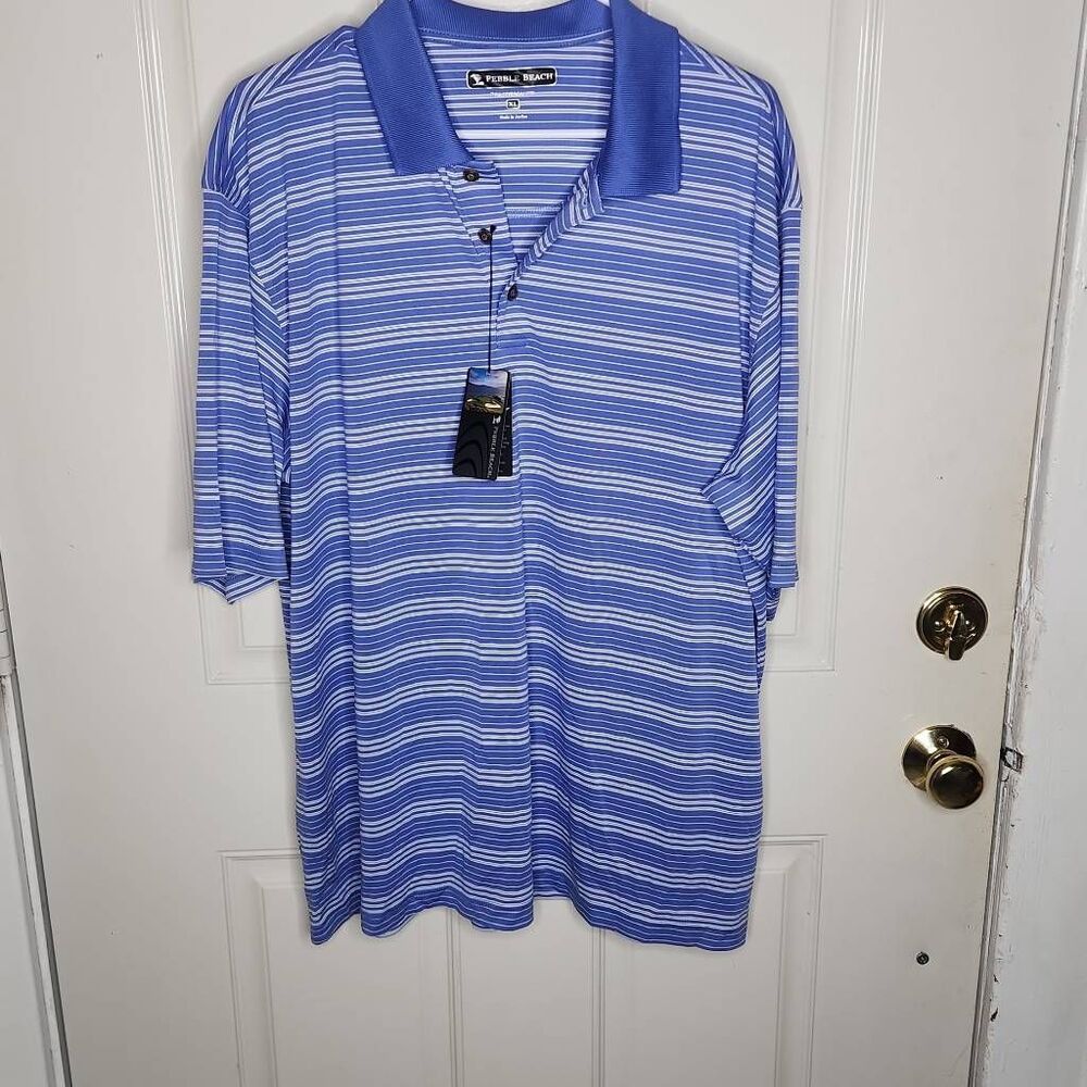Pebble beach performance blue and white striped polo shirt men's size XL